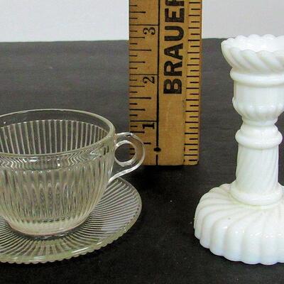 Vintage Child's French Milk Glass Candlestick and Homespun Cup and Saucer