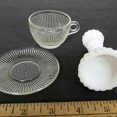 Vintage Child's French Milk Glass Candlestick and Homespun Cup and Saucer