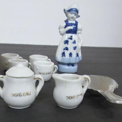Vintage Minniature Cups, Sugar and Creamer, Aluminum Scoop, Figurine