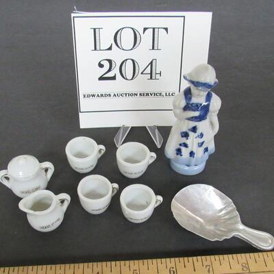 Vintage Minniature Cups, Sugar and Creamer, Aluminum Scoop, Figurine