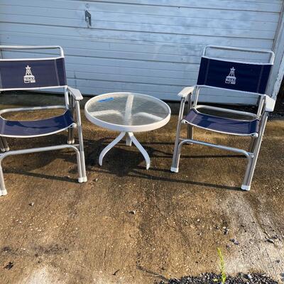 431-Pair of Aluminum Folding Chairs w/Small Glass-Top Table.
