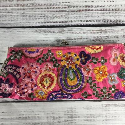 Bright pink beaded floral purse handbag clutch