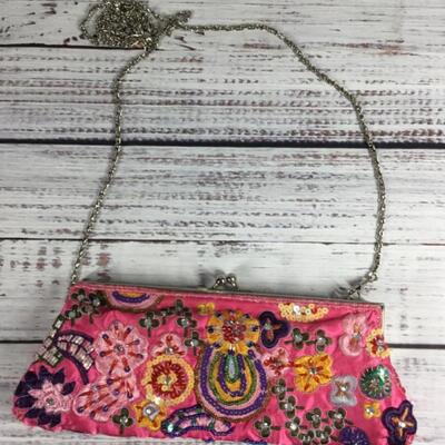 Bright pink beaded floral purse handbag clutch