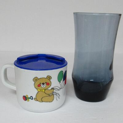 Lot of Mugs, Child's Sippy Cup and Blue Glass Tumbler