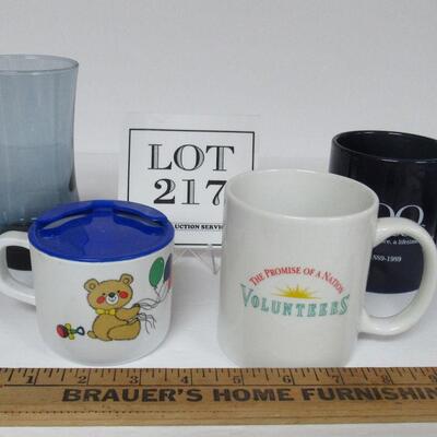 Lot of Mugs, Child's Sippy Cup and Blue Glass Tumbler