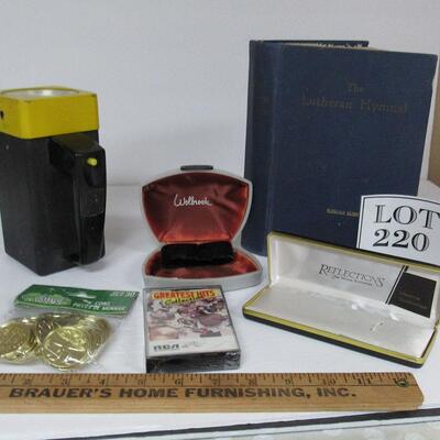 Metal Flash Light, 1941 Lutheran Hymnal, Toy Gold Coins, 2 Empty Cases, Cassette Tape