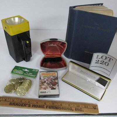 Metal Flash Light, 1941 Lutheran Hymnal, Toy Gold Coins, 2 Empty Cases, Cassette Tape