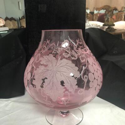 Vintage etched cranberry glass vase