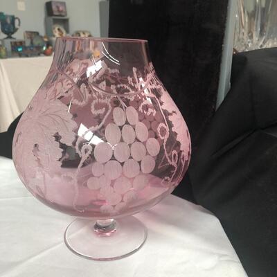 Vintage etched cranberry glass vase