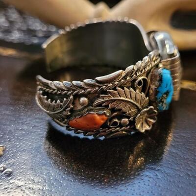 Lot 287: Vintage Sterling Silver SIGNED Native American Watch Cuff Bracelet UNISEX