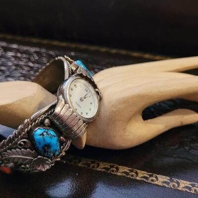 Lot 287: Vintage Sterling Silver SIGNED Native American Watch Cuff Bracelet UNISEX