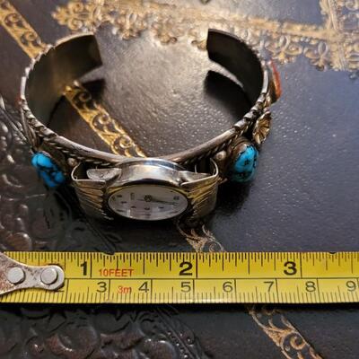 Lot 287: Vintage Sterling Silver SIGNED Native American Watch Cuff Bracelet UNISEX