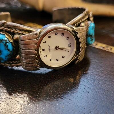 Lot 287: Vintage Sterling Silver SIGNED Native American Watch Cuff Bracelet UNISEX