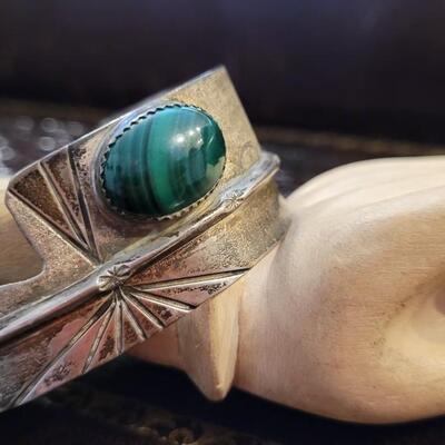 Lot 289: Vintage Sterling Silver SIGNED Cuff Bracelet w/ Stone Accent