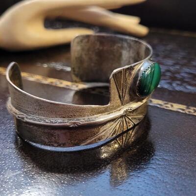 Lot 289: Vintage Sterling Silver SIGNED Cuff Bracelet w/ Stone Accent