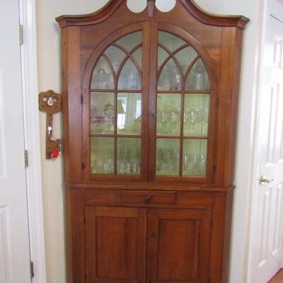 Solid Wood, Antique Corner Cabinet with Goose Neck Pediments (No Contents)- 45" Across, 21 1/4" Deep, 84 3/4" Tall