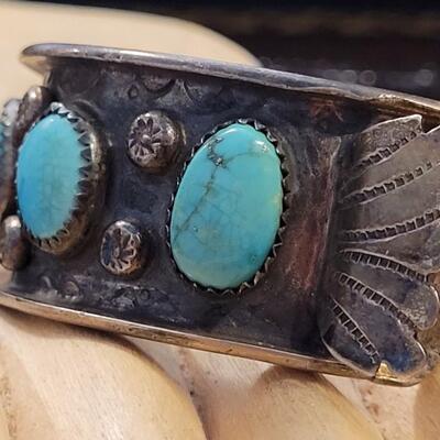 Lot 294: Vintage SIGNED Watch Cuff w/ Turquiose Stones 