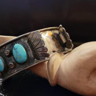 Lot 294: Vintage SIGNED Watch Cuff w/ Turquiose Stones 
