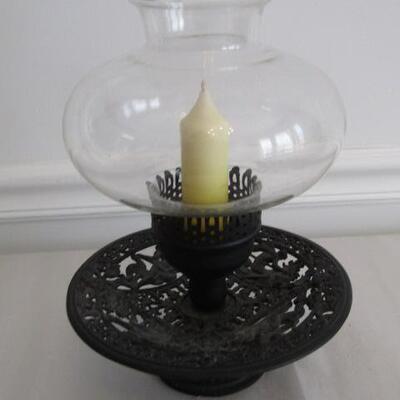 Vintage Metal Base Candle Lantern- 8 Inches Across, 10 Inches Tall
