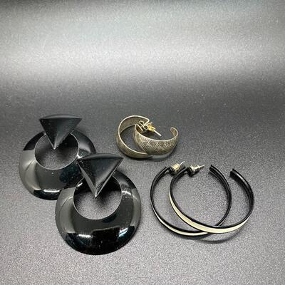 Set of 3 Retro 1980s Black Silver Enamel Metal Earrings