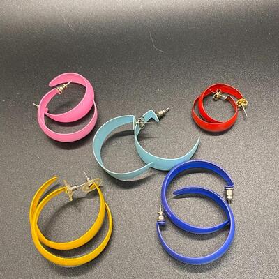 5 Pairs of Enamel Metal Hoop Earrings 1980s Retro Various Size