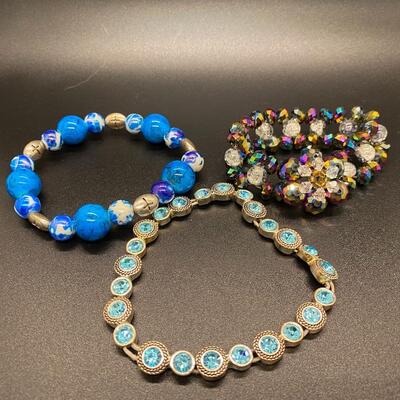 Shades of Blue Beaded Rhinestone Stretch Bracelets Set of 3