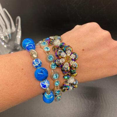 Shades of Blue Beaded Rhinestone Stretch Bracelets Set of 3