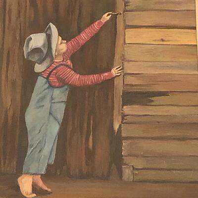 Vintage original art of a boy and a fence