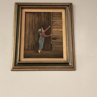 Vintage original art of a boy and a fence