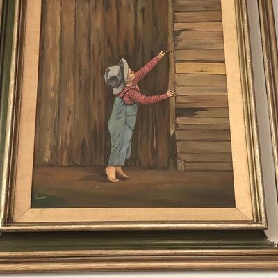 Vintage original art of a boy and a fence