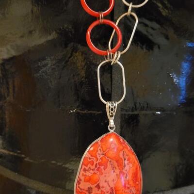 Lot 312: Large Coral? Pendant w/ Red & Silver Necklace