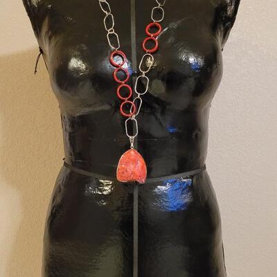 Lot 312: Large Coral? Pendant w/ Red & Silver Necklace
