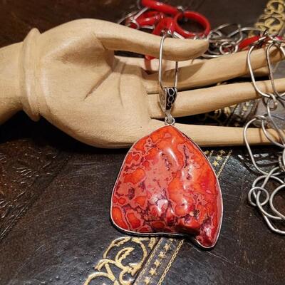 Lot 312: Large Coral? Pendant w/ Red & Silver Necklace