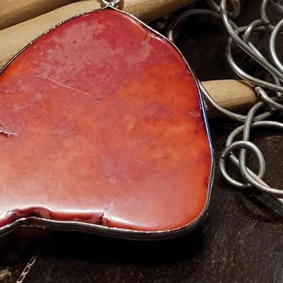 Lot 312: Large Coral? Pendant w/ Red & Silver Necklace