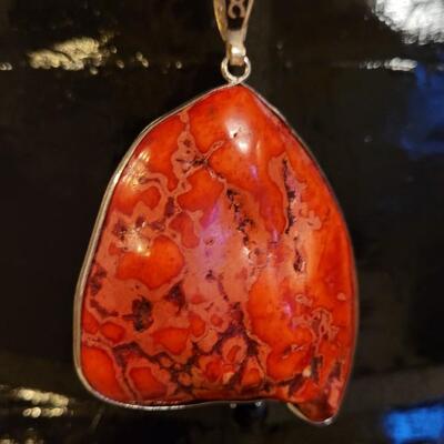 Lot 312: Large Coral? Pendant w/ Red & Silver Necklace