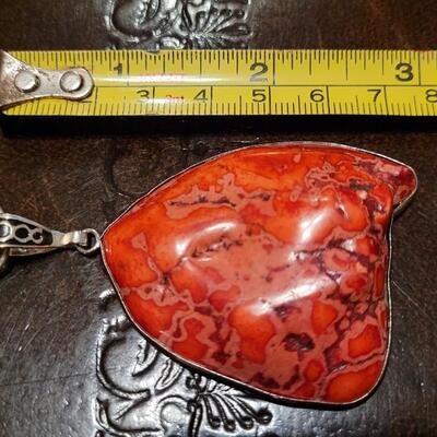 Lot 312: Large Coral? Pendant w/ Red & Silver Necklace