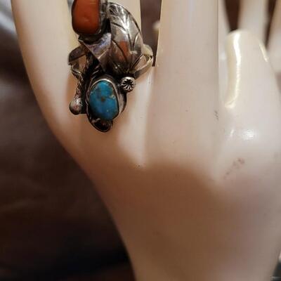 Lot 314: Vintage Handmade Native American Sterling Silver Ring w/ Coral and Turquiose Stones 