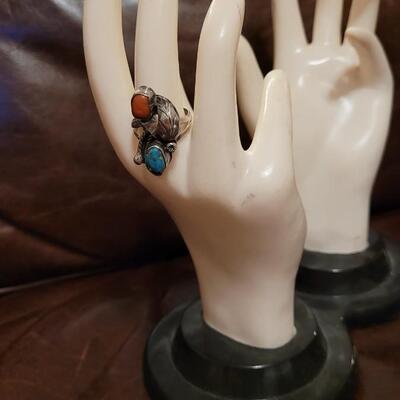 Lot 314: Vintage Handmade Native American Sterling Silver Ring w/ Coral and Turquiose Stones 
