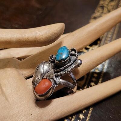 Lot 314: Vintage Handmade Native American Sterling Silver Ring w/ Coral and Turquiose Stones 