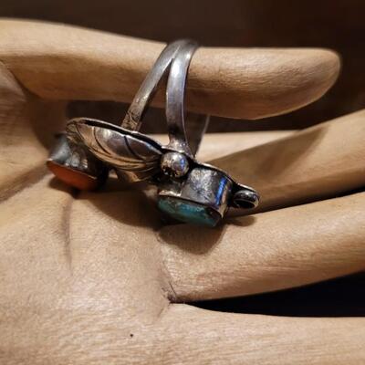 Lot 314: Vintage Handmade Native American Sterling Silver Ring w/ Coral and Turquiose Stones 
