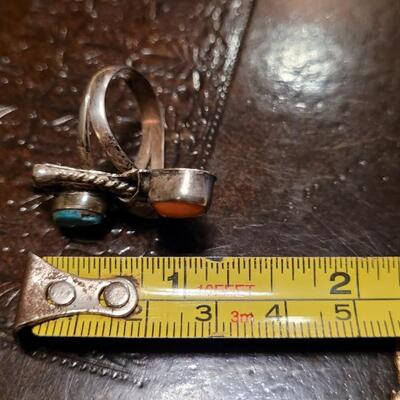 Lot 314: Vintage Handmade Native American Sterling Silver Ring w/ Coral and Turquiose Stones 