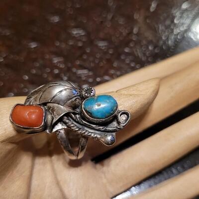 Lot 314: Vintage Handmade Native American Sterling Silver Ring w/ Coral and Turquiose Stones 
