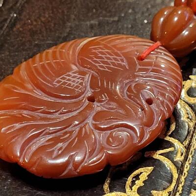 Lot 323: Vintage Asian CORNELIAN Bead Necklace with Matching Carved Dragon Pendant 