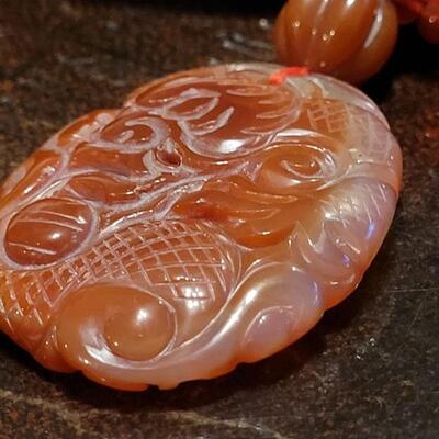 Lot 323: Vintage Asian CORNELIAN Bead Necklace with Matching Carved Dragon Pendant 