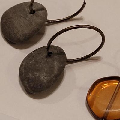 Lot 338: Coldwater Creek Stone Owl Earrings,  Yellow Glass and Stone Hoop Earrings 