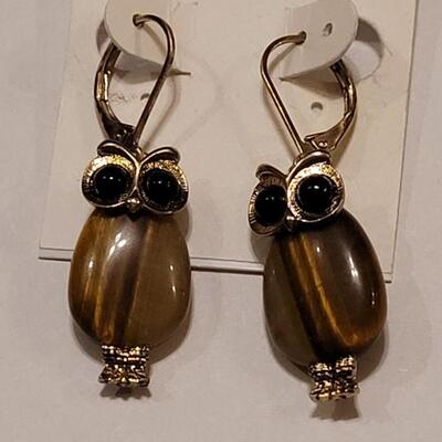 Lot 338: Coldwater Creek Stone Owl Earrings,  Yellow Glass and Stone Hoop Earrings 
