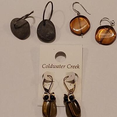 Lot 338: Coldwater Creek Stone Owl Earrings,  Yellow Glass and Stone Hoop Earrings 
