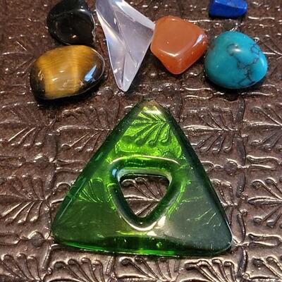 Lot 378: Leather Fringe Pouch Necklace with Gemstones and Green Glass Triangle 