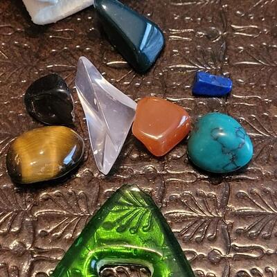 Lot 378: Leather Fringe Pouch Necklace with Gemstones and Green Glass Triangle 