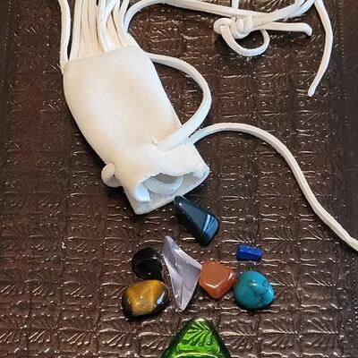 Lot 378: Leather Fringe Pouch Necklace with Gemstones and Green Glass Triangle 